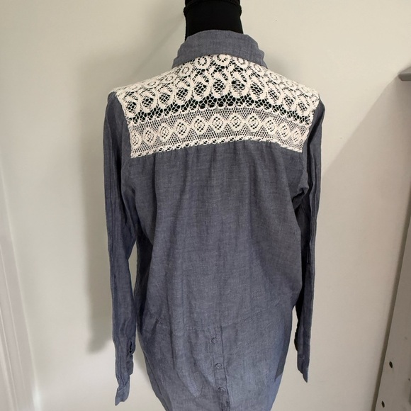 Rebellion Blue and White Casual Button Down Shirt with Lace Detail - Picture 3 of 5